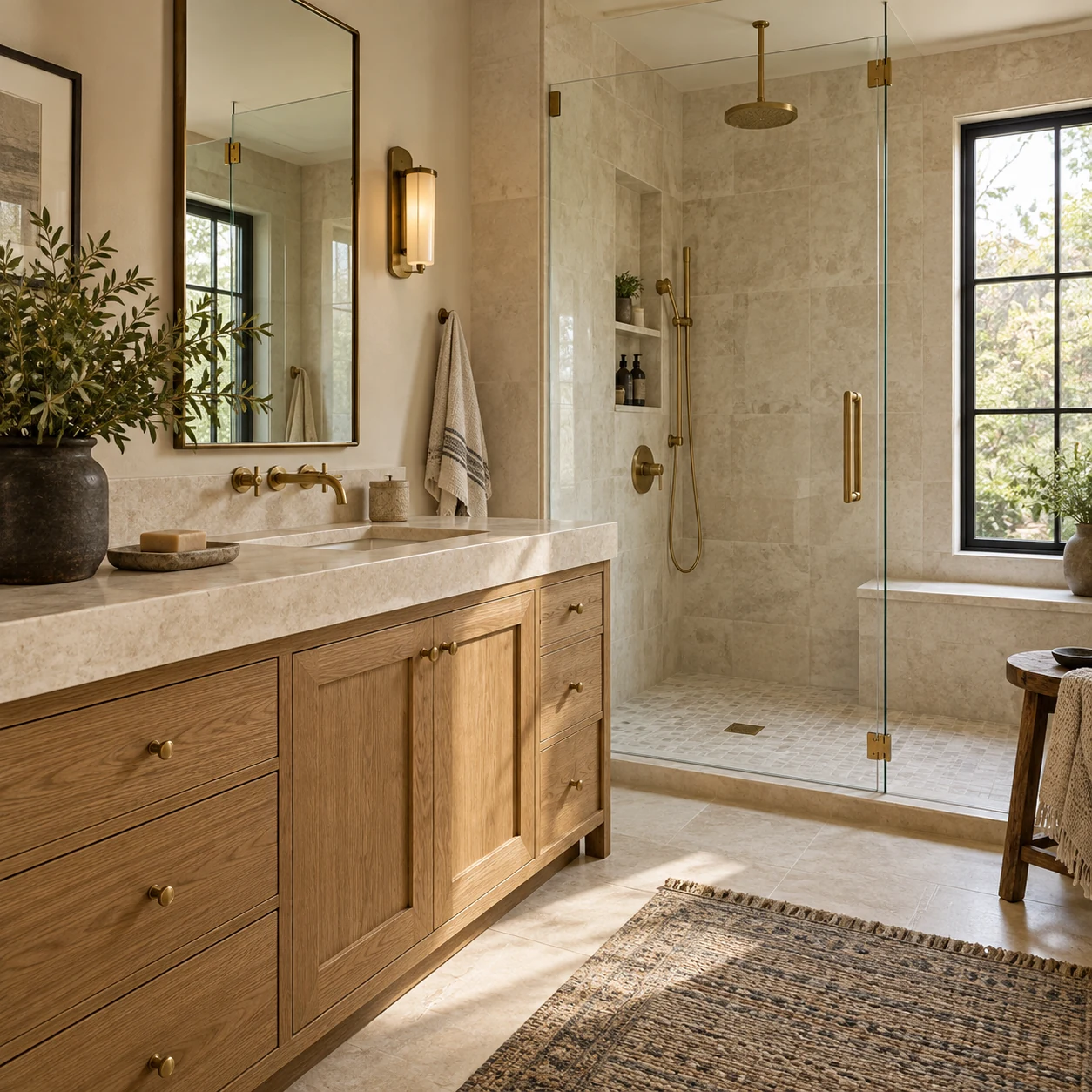 Bathroom design concept with a walk-in shower and natural oak vanity