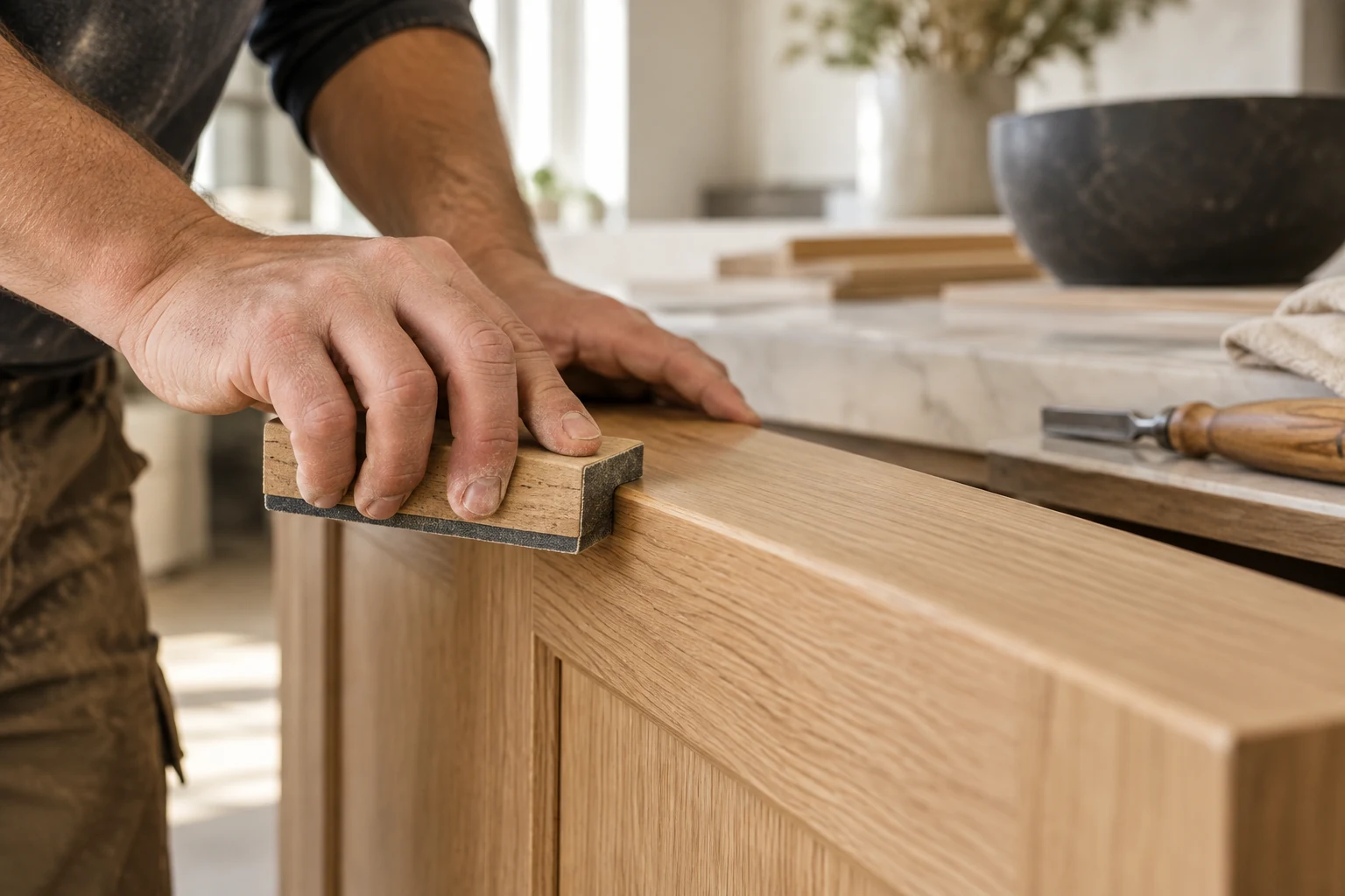 Illustrative close-up of careful hands working on an oak cabinet