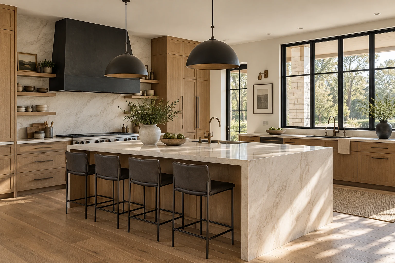 Renovation inspiration: sunlit kitchen with oak cabinetry and a pale stone island